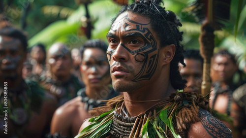 Man warrior in traditional Maori ceremonial attire with ornate elements for Maori New Year celebration, banner