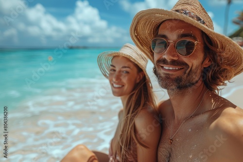 A happy couple enjoys a sun-kissed selfie with the sea behind them on a tropical beach getaway