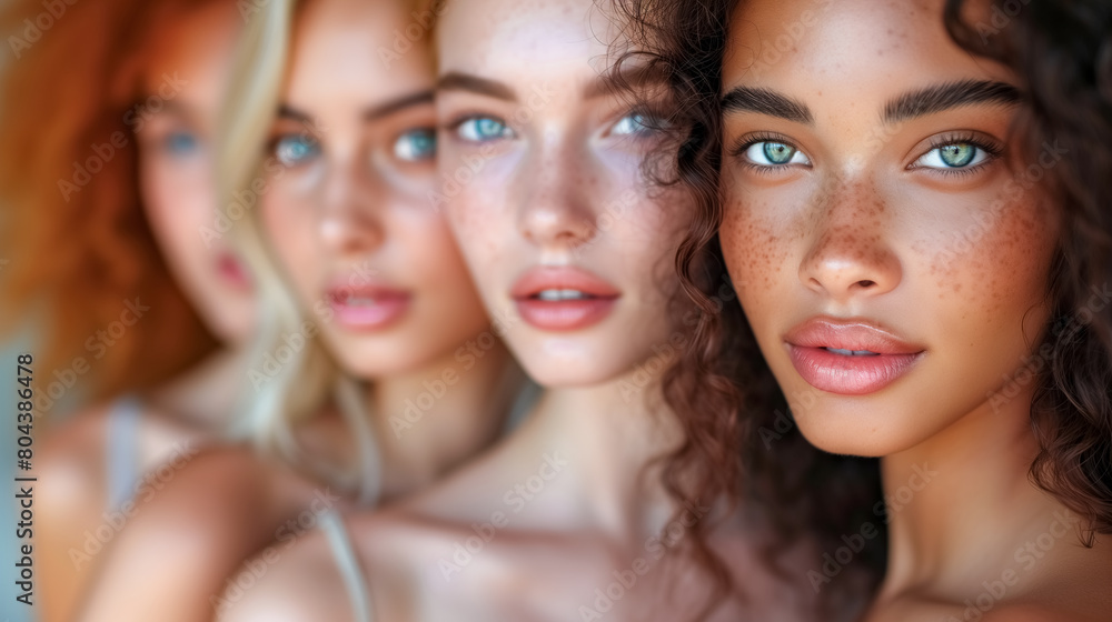 Diverse multiracial women beauty models. Skin care product and makeup product advertising.
