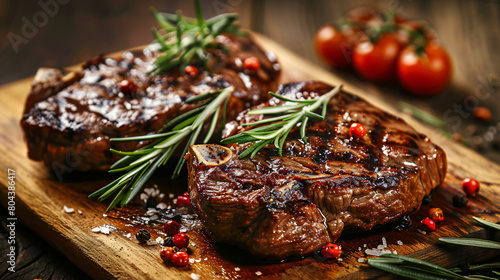 Delicious grilled steaks on wooden board closeup