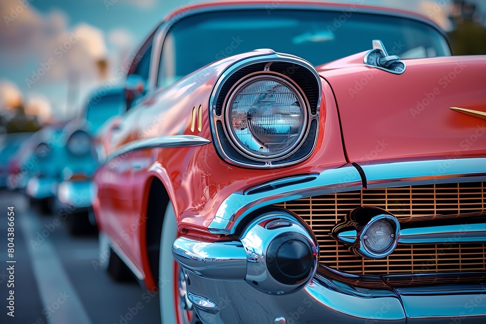 Classic cars at a vintage show, highlighted with vibrant colors and nostalgic atmosphere, reflecting the trend of New Nostalgia