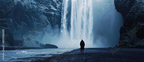 Man observing majestic waterfall in natural landscape photo