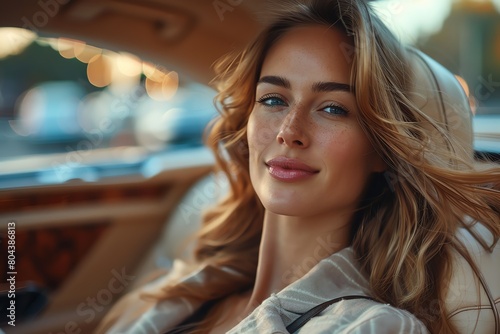Relaxed businesswoman traveling in a high-end luxury car, emphasizing comfort and stress-free environment while moving between meetings © Vilaysack