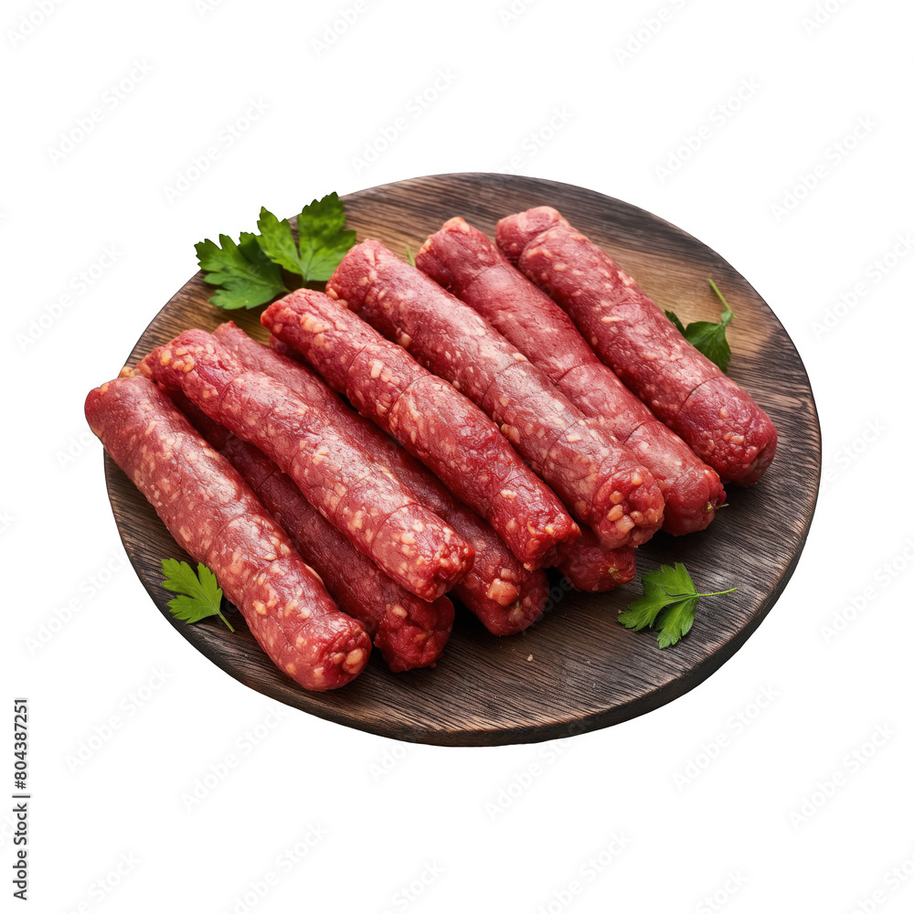 raw cevapi meat on a wooden plate . Clipart PNG image . Transparent background