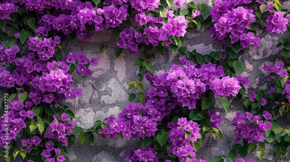 View of a wall full of purple flowers. Mediterranean Bougainvillea Bush With Purple Flowers