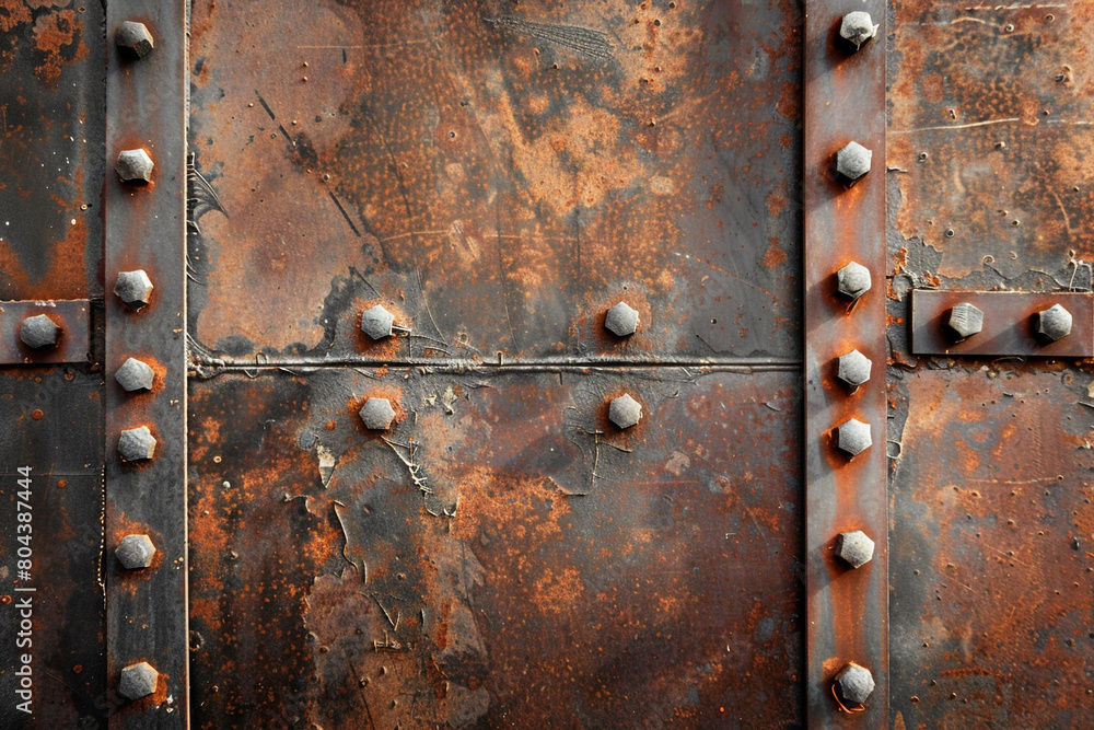 A modern background with an industrial look, featuring rusted metal plates with rivets, perfect for a rugged, textured effect.