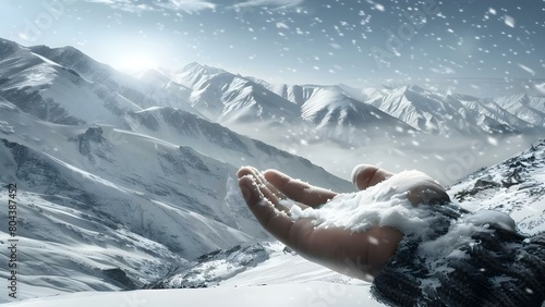 A lone hand emerges from snowy mountains symbolizing natures power and human fragility. Concept Nature's Power, Human Fragility, Symbolism, Snowy Mountains, Lone Hand