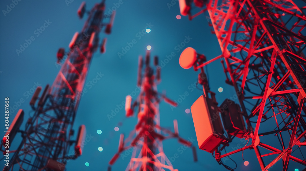 A tall tower with a red sun shining on it. The tower is surrounded by a web of lines and dots, giving the impression of a complex network. Concept of technology and connectivity A tall tower with a red sun shining on it. The tower is surrounded by a web of lines and dots, giving the impression of a complex network. Concept of technology and connectivity