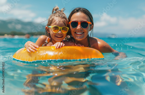 happy little girl and her mother wearing sunglasses playing in the water with an inflatable ring at sea, summer vacation