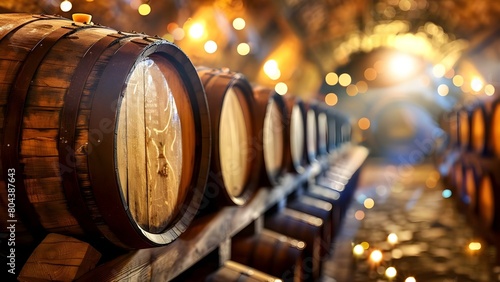 Exploring a Wine Cellar Filled with Vintage Wooden Barrels. Concept Wine Cellar Exploration, Vintage Barrels, Wooden Decor, Winemaking Process, Cellar Tasting Session photo