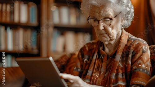Elderly woman uses tablet for online communication and distance learning via WiFi. Concept Technology for Seniors, Online Learning, Digital Communication, Wi-Fi Connectivity, Elderly Tablet Use