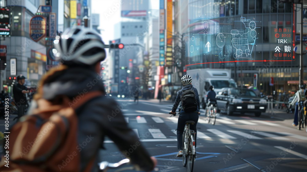 A person is riding a bike down a street with a digital overlay of cars and other vehicles. The overlay shows the person's bike as a car, and the person is wearing a helmet A person is riding a bike down a street with a digital overlay of cars and other vehicles. The overlay shows the person's bike as a car, and the person is wearing a helmet