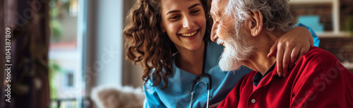 Panorama of a happy nurse with an elderly man in a nursing home. Medical care concept