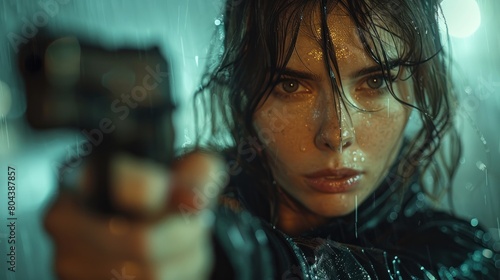A woman holds a gun with a vengeful look on her face photo