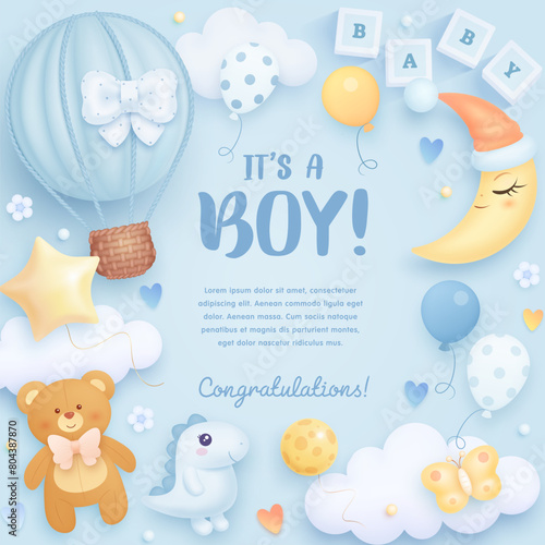 Baby shower square invitation, greeting card or web banner with cartoon hot air balloon, toys, crescent moon and helium balloons on blue background. It's a boy