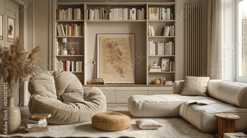 Positioned on built-in shelving unit, Neutral Color Palette, Cozy Interior, Personalization, The frame is displayed on a built-in shelving unit flanked by books, decorative vases, and family photos