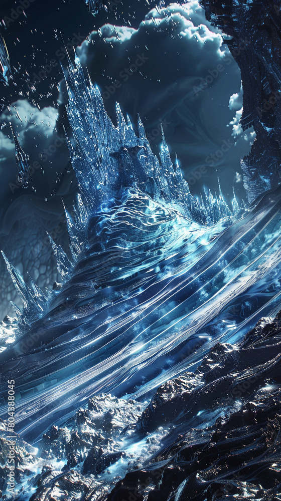 A mystical blend of deep blue and icy silver waves, rising majestically, reminiscent of a wizard's powerful spell. A mystical blend of deep blue and icy silver waves, rising majestically, reminiscent of a wizard's powerful spell.