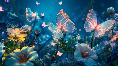 A vibrant  virtual garden filled with fluorescent flowers and glowing  ethereal butterflies  set against a deep  midnight blue background  creating an enchanting and magical atmosphere. 32k 