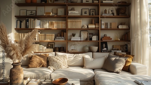 Positioned on built-in shelving unit, Neutral Color Palette, Cozy Interior, Personalization, The frame is displayed on a built-in shelving unit flanked by books, decorative vases, and family photos