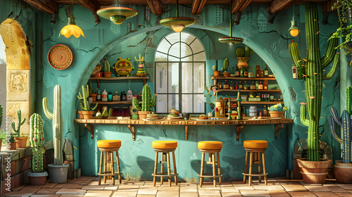 A Cartoon Cactus Cantina Scene with Watercolor Accents Perfect for Cinco de Mayo Festivities