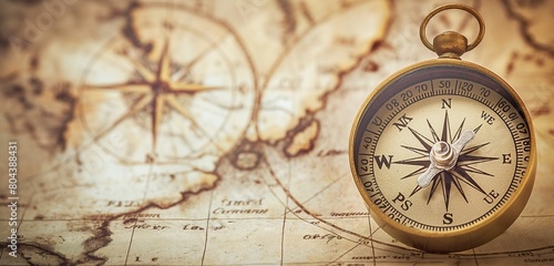 A vintage, brass compass, its needle pointing north, placed on an old map with faded lines and landmarks, set against a light, sepia-toned solid background photo
