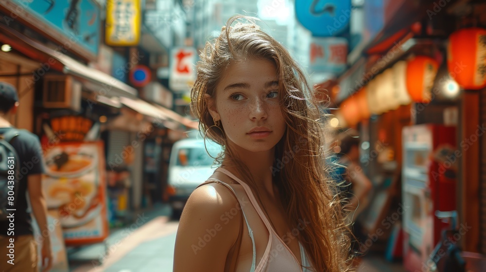 Beautiful hot european girl traveling to Tokyo in Summer