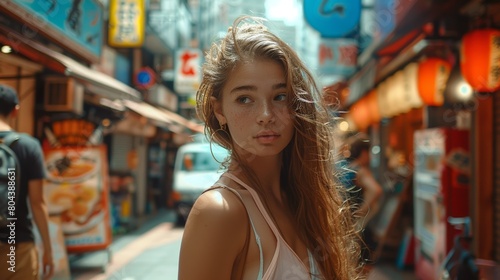 Beautiful hot european girl traveling to Tokyo in Summer