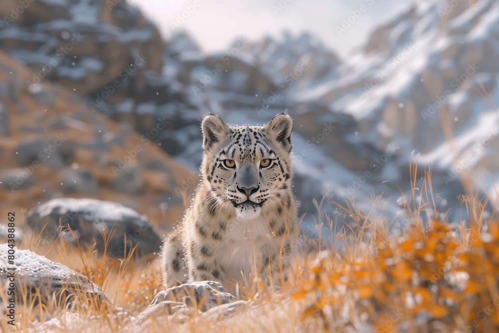 Fototapeta premium a snow leopard in the mountains of the Himalaya approaching to camera