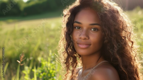 A realistic photograph of a beautiful black woman in her 20s, showcasing her long, full hair caught in a gentle breeze