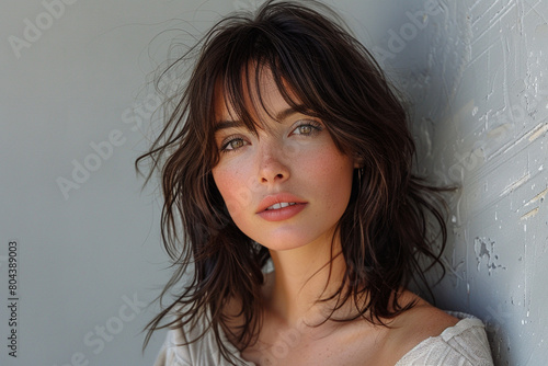 A woman with a chic and modern lob haircut, showcasing versatility and effortless style top view photo