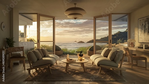 Inside a beach condo looking out into the ocean sunsetting reflective lighting. © ArtfuIInfusion
