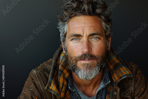 A man with a rugged and outdoorsy beard paired with a minimalist and clean-cut hairstyle, embodying rugged charm and refinement top view photo
