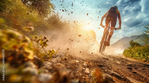 Thrilling Mountain Biking Scene with Cyclist Speeding Down Dusty Trail in Summer
