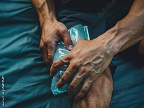  A man applying a cool gel pack on his leg to calm his pain from his injury photo