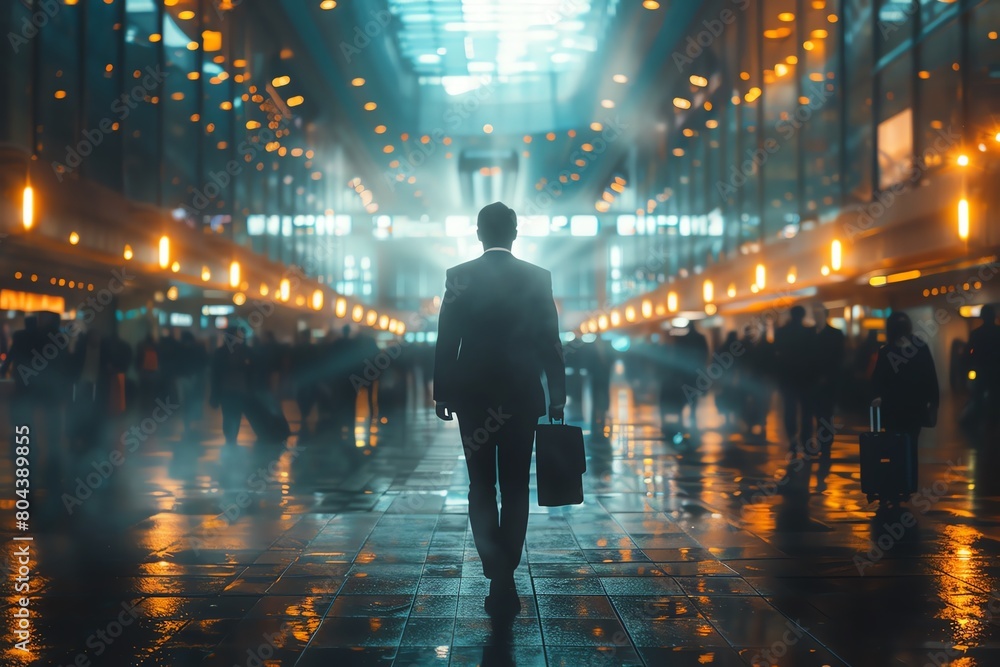 businessman in a sleek suit at a bustling international airport, carrying a designer briefcase, style is clean and professional, dynamic blur of people and planes in the background