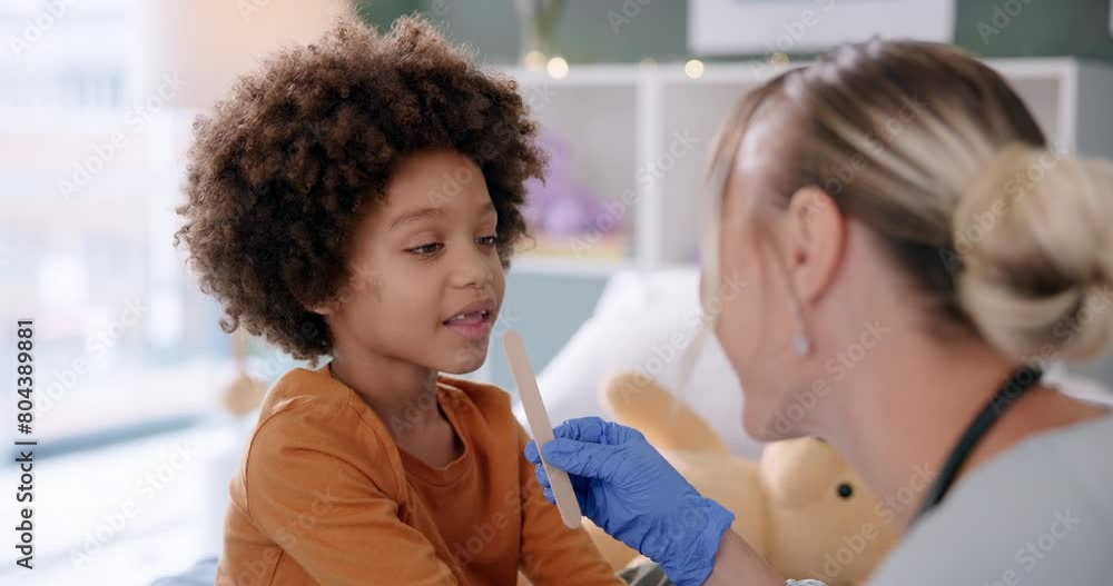 Doctor, kid and mouth check in hospital with examination, sore throat or consultation for healthcare support. Pediatrician, boy and medical expert with tongue spatula for treatment, help and medicare Doctor, kid and mouth check in hospital with examination, sore throat or consultation for healthcare support. Pediatrician, boy and medical expert with tongue spatula for treatment, help and medicare