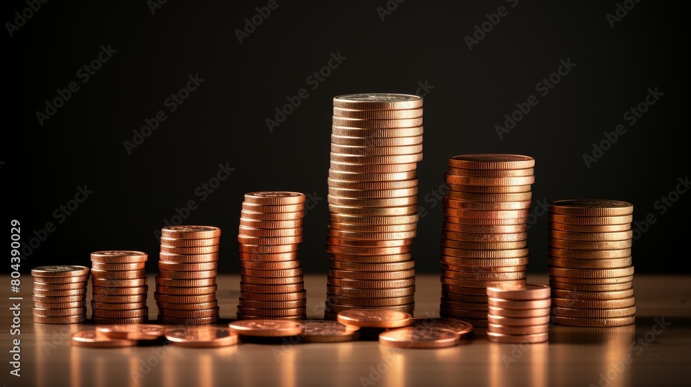 Concept of interest rates and value growth depicted by coins stacks and percentage symbol Concept of interest rates and value growth depicted by coins stacks and percentage symbol
