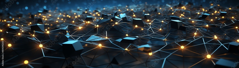 Fototapeta premium A dark blue abstract background with glowing yellow dots connected by lines.