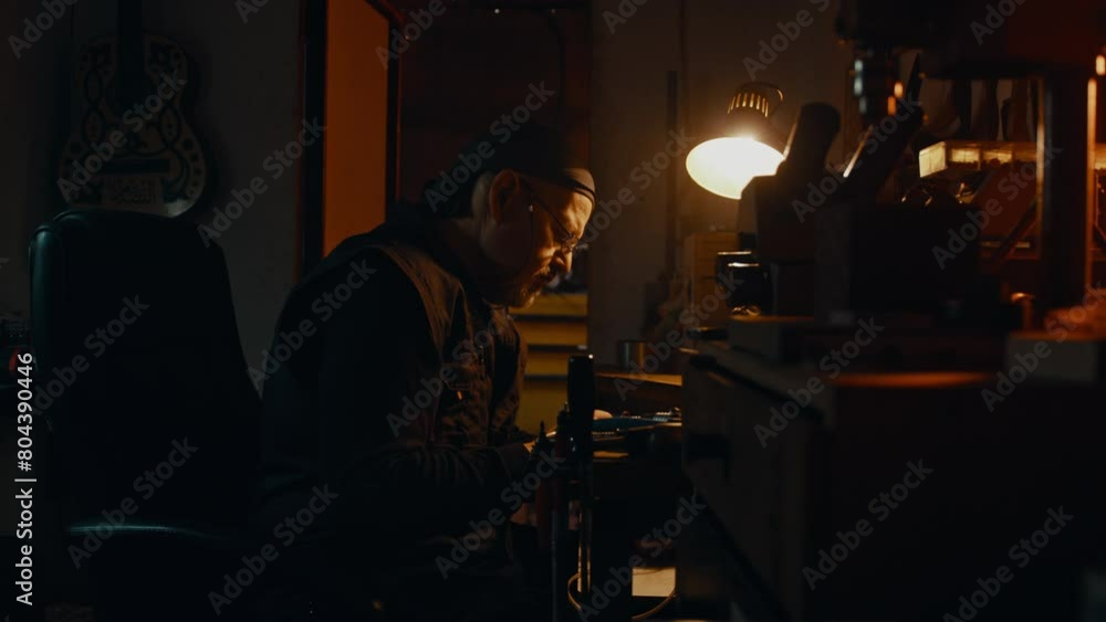 Knife maker sitting at desk Knife maker sitting at desk
