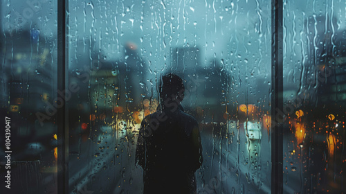 City lights reflecting off the window with a silhouette of a person looking out at the rain.