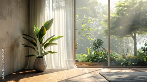 Resting on floor in corner near large window, Minimalism, Natural Light, Greenery, The frame is positioned near a large window with sheer curtains, allowing plenty of natural light to filter in