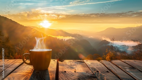 A cup of morning coffee with steam on a wooden table