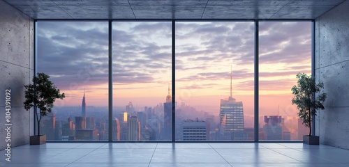 A wall background featuring a large, panoramic window with a view of the city skyline at twilight, the window acting as a live mural against the muted, dove gray interior wall,
