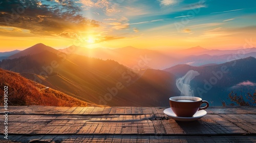 A cup of morning coffee with steam on a wooden table photo