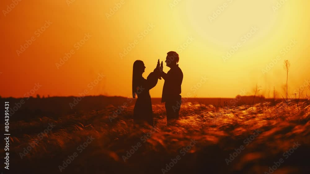 Couple in love in a field in the sunset sunshine. A beautiful romantic moment between two lovers walking through a field. Concept of love of two people, relationship and lifestyle. Couple in love in a field in the sunset sunshine. A beautiful romantic moment between two lovers walking through a field. Concept of love of two people, relationship and lifestyle.