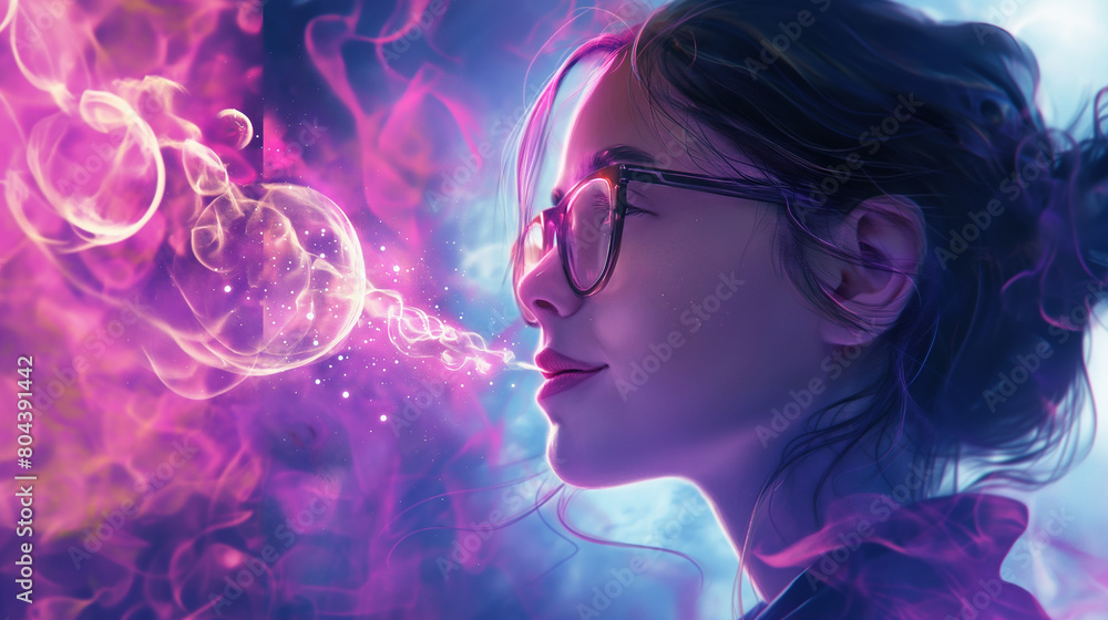 A young woman with glasses is looking at an energy bubble that she has created