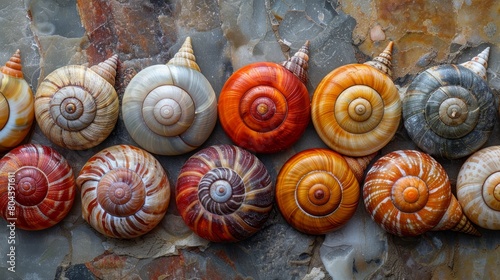 Snails and shells capture the spiral patterns and textures of snail shells, highlighting their glossy surfaces and intricate details AI generated