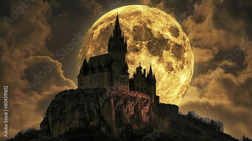 Moonlit night with a mysterious castle in the distance