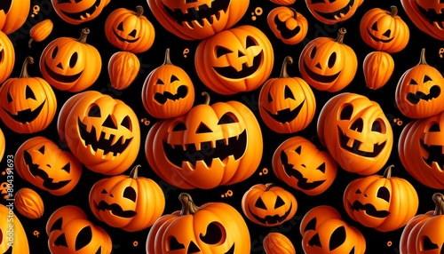 Seamless pattern with orange Jack-o'-lanterns laughing ominously on a black background. Halloween background