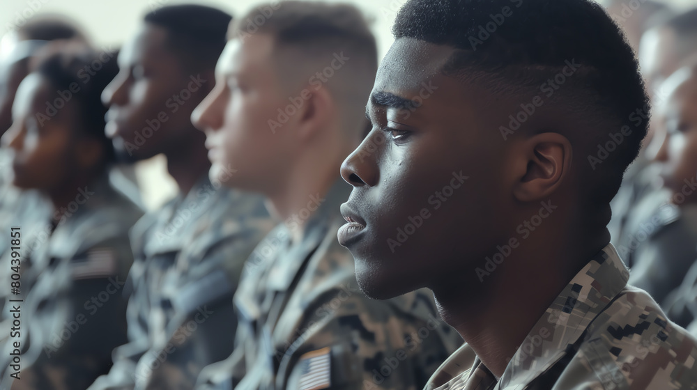 Fototapeta premium Depict a diverse group of military personnel, including various races and genders, participating in a prayer session on USA Prayer Day at a military base